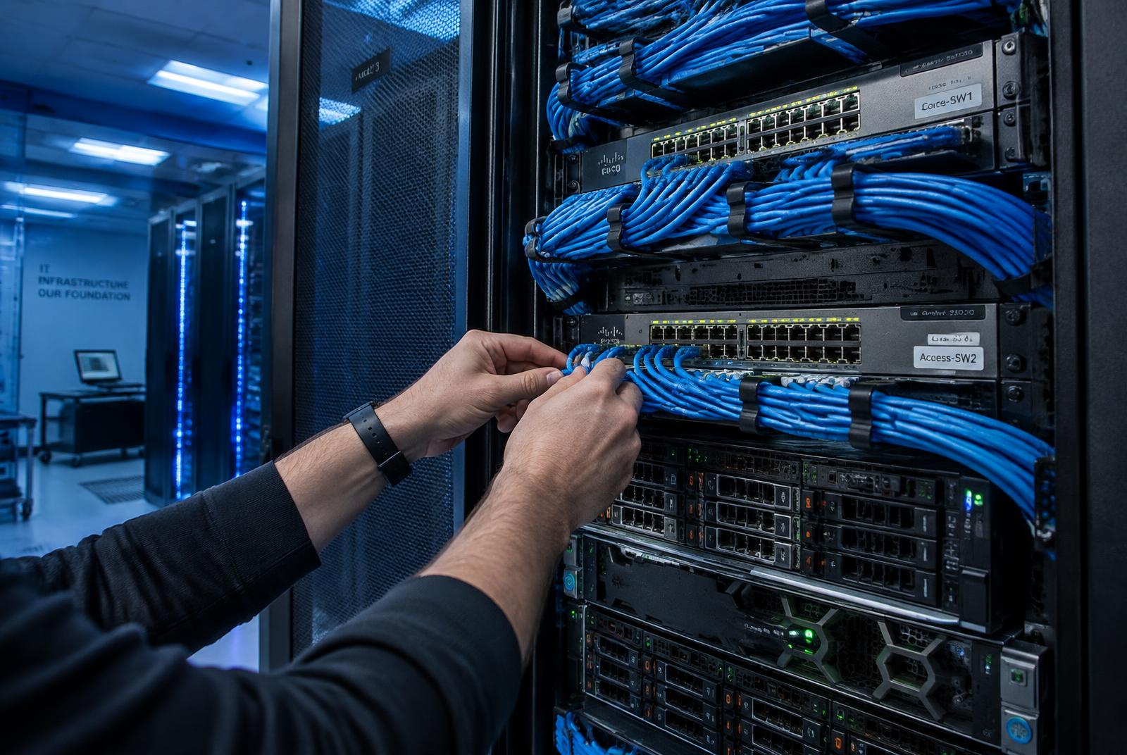 Technician configuring a neatly cabled network rack and servers