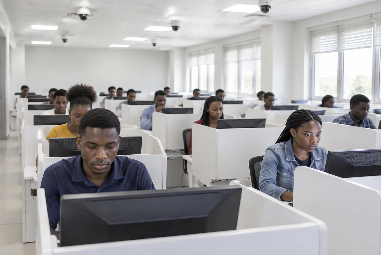 Candidates taking a computer based test at organised partitioned workstations