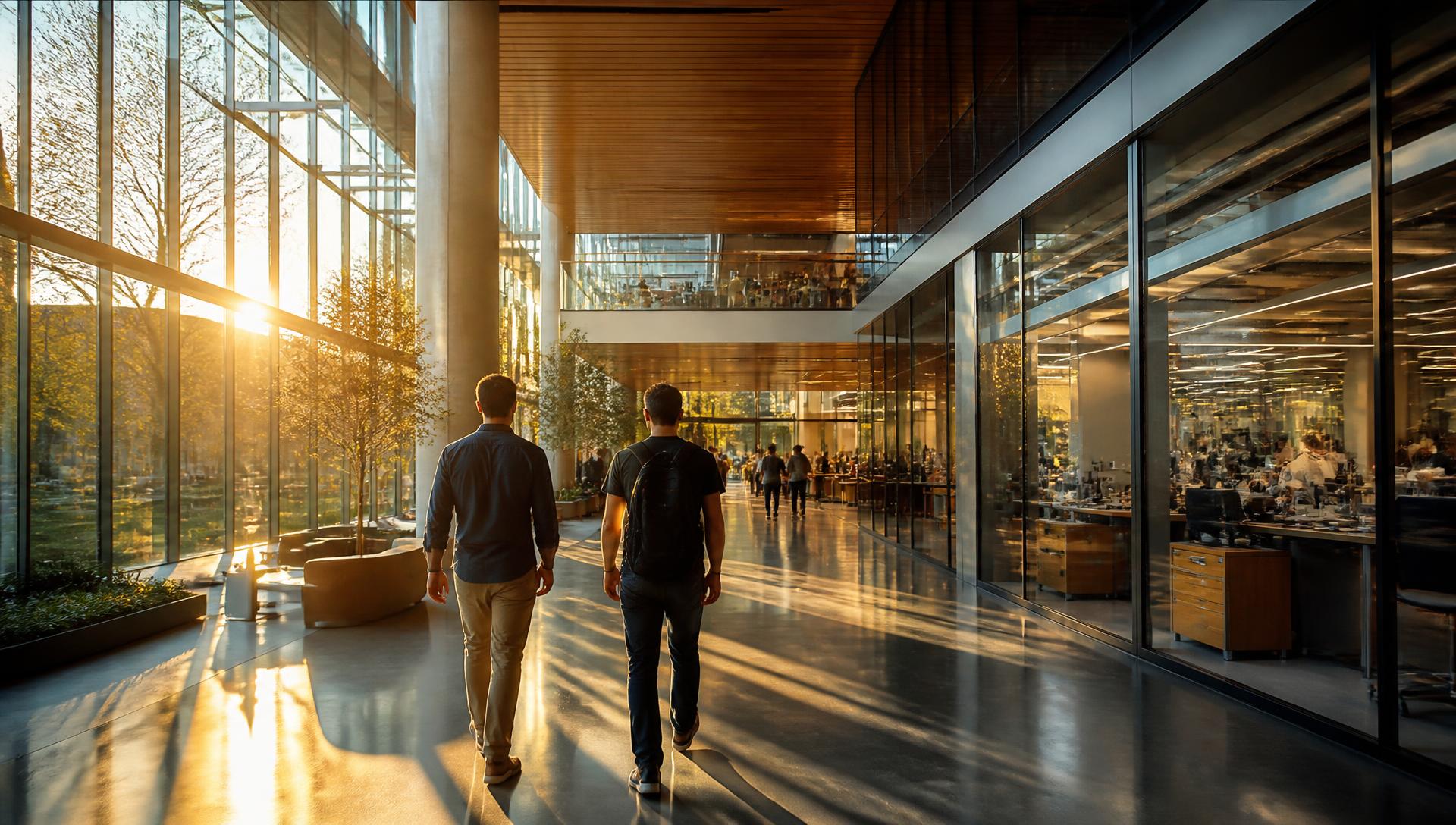 Technology campus atrium at golden hour with engineers walking through glass-walled studios