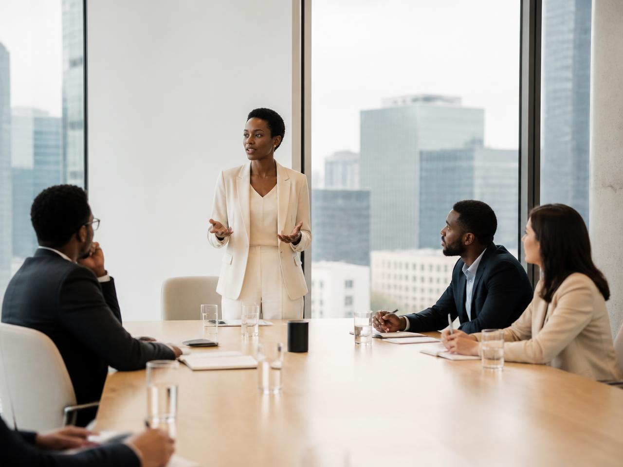 A businesswoman leading a strategy session in a bright modern boardroom