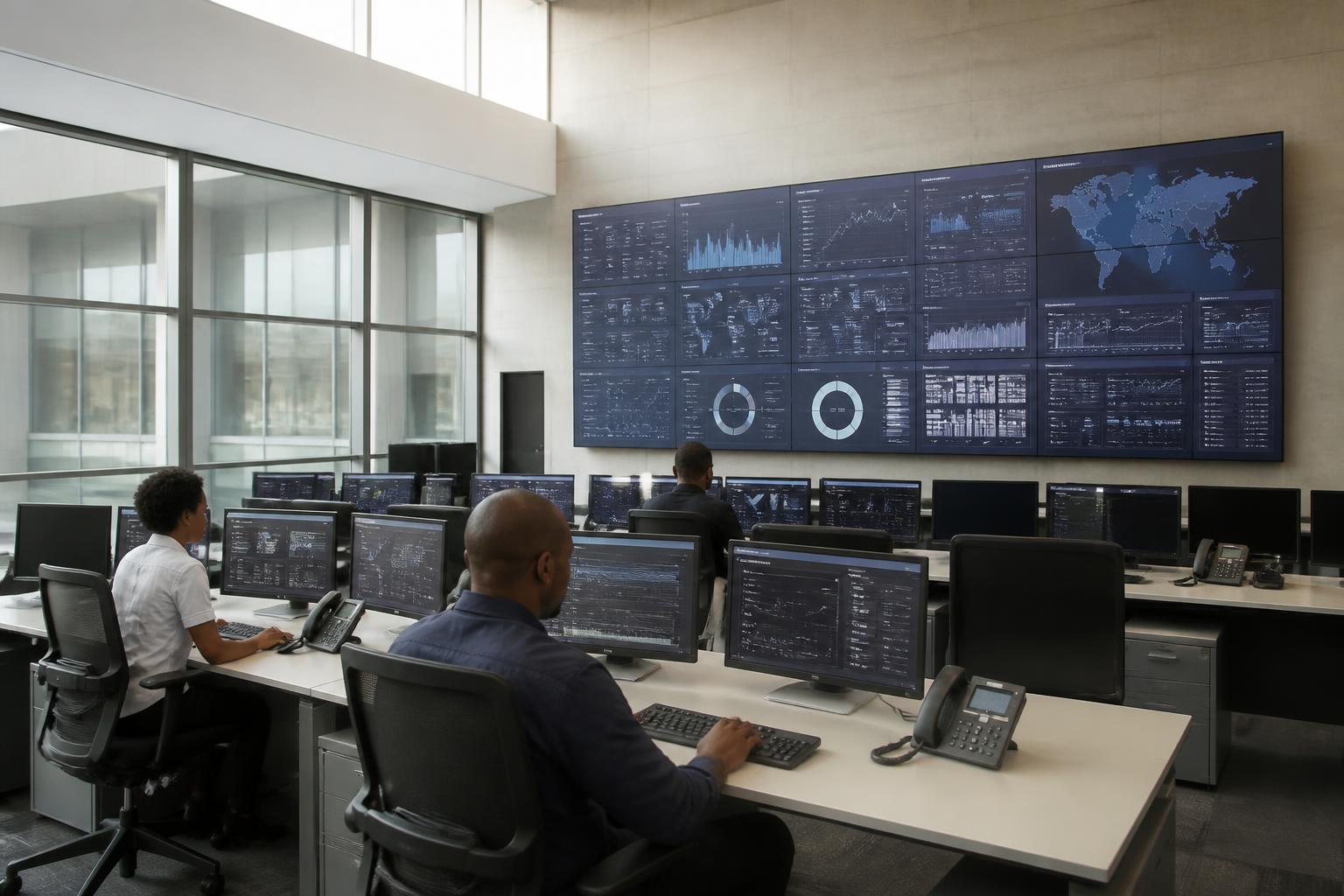 Analysts monitoring operations dashboards in a bright modern security operations centre