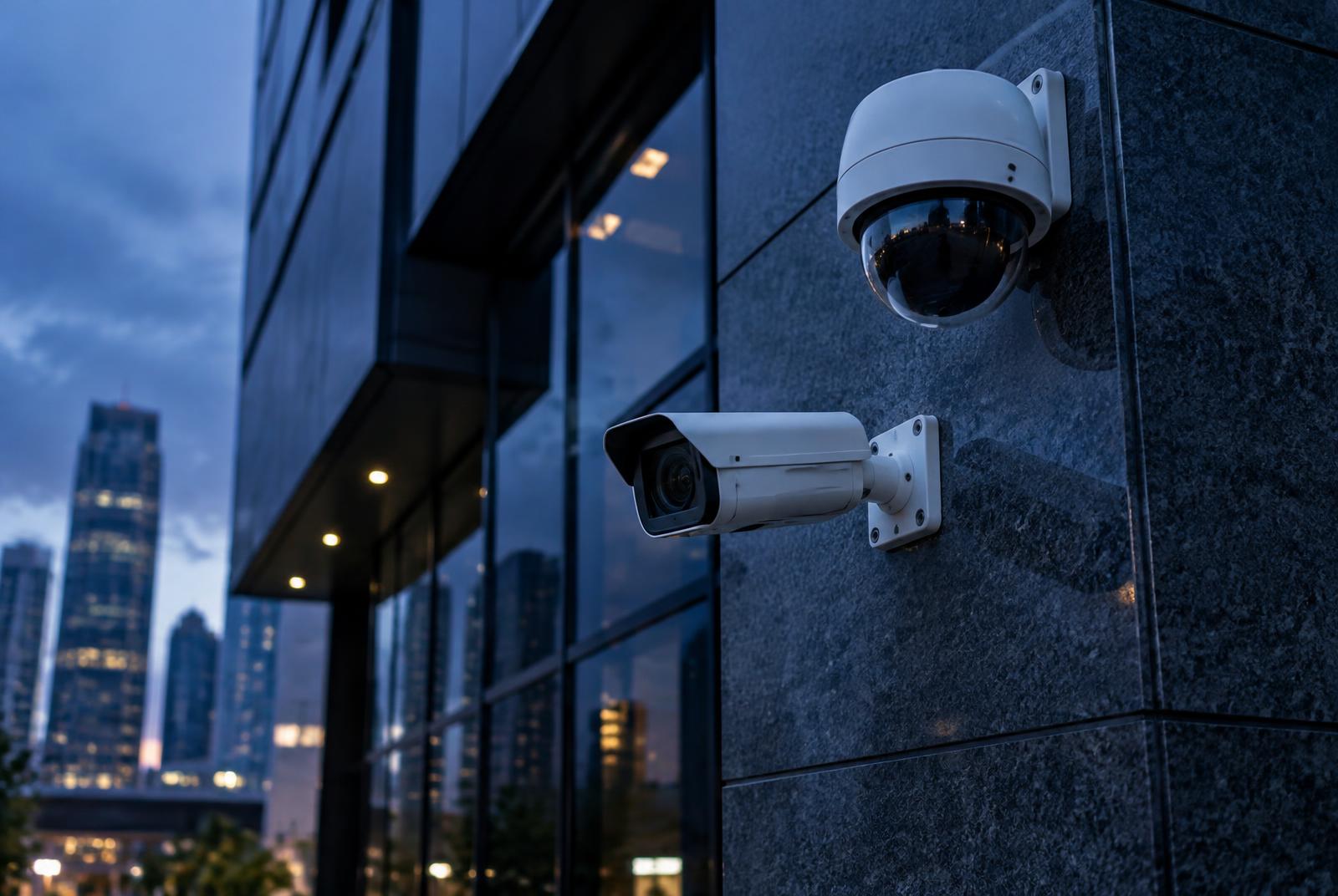 IP CCTV cameras professionally installed on a modern commercial building