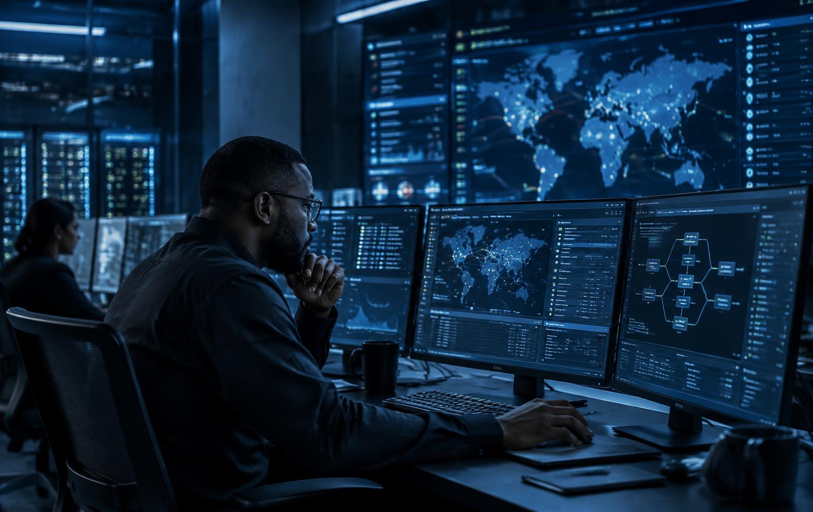 Security engineer monitoring protected digital operations